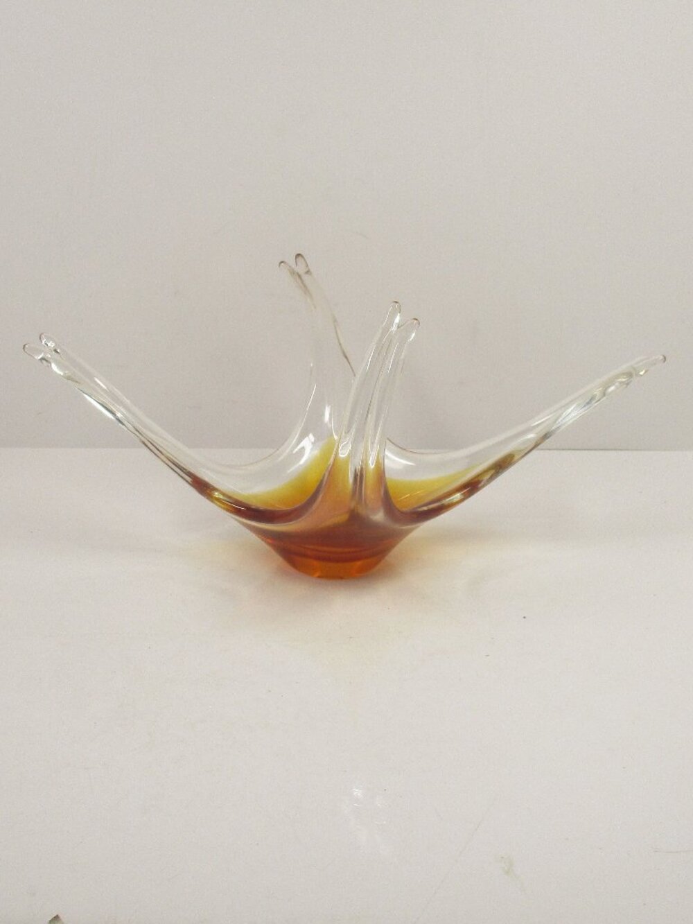 Vintage Hand-Blown Amber & Clear Art Glass Bowl Centerpiece Bowl 15 1/4"x 7 1/2"